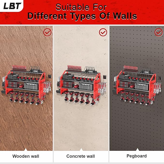 LBT Power Tool Organizer With Charging Station,Patented,Heavy Duty Steel,6 Drilling Rig Sizes With Hooks And Screw Boxes,6 sockets,Easy To Install Garage Storage Rack,Great Gift For Men, Red