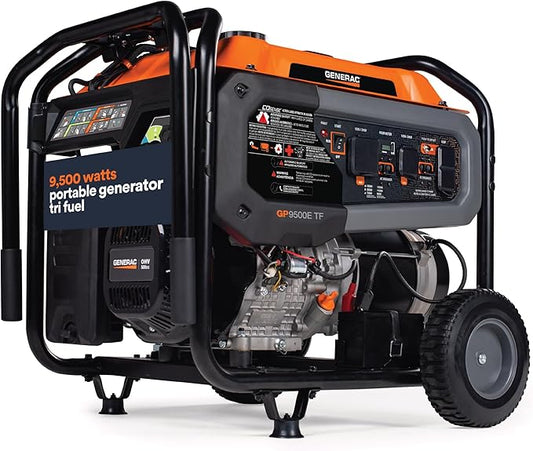 Generac 12,500/9,500-Watt Tri-Fuel Portable Generator - Electric Start - Gas, Propane or Natural Gas - Home Backup, Jobsite, or RV - Quiet Operation - Long Runtime - 50-State Compliant