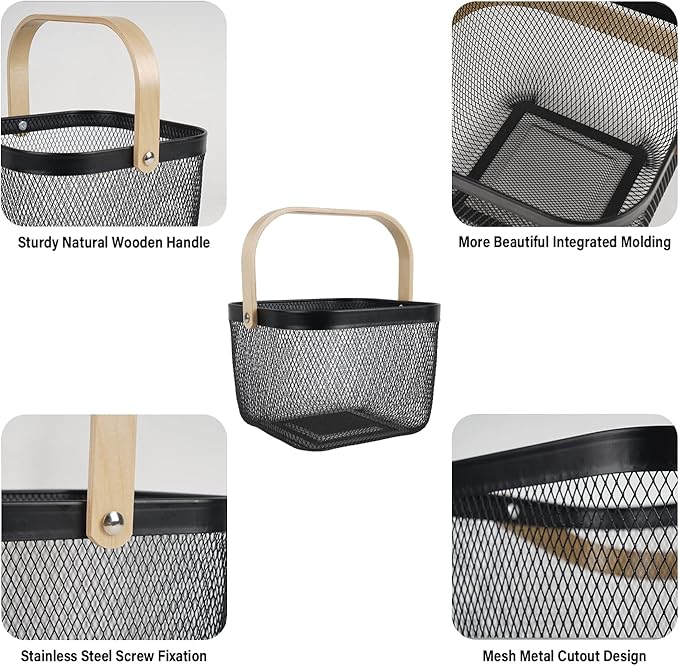 Metal Mesh Steel Harvest Basket, Square Wire Garden Basket with Handle – Multi-functional Storage Organizer for Gathering Vegetables, Fruits, Kitchen, Garden, Picnic & Cabinet (Black)