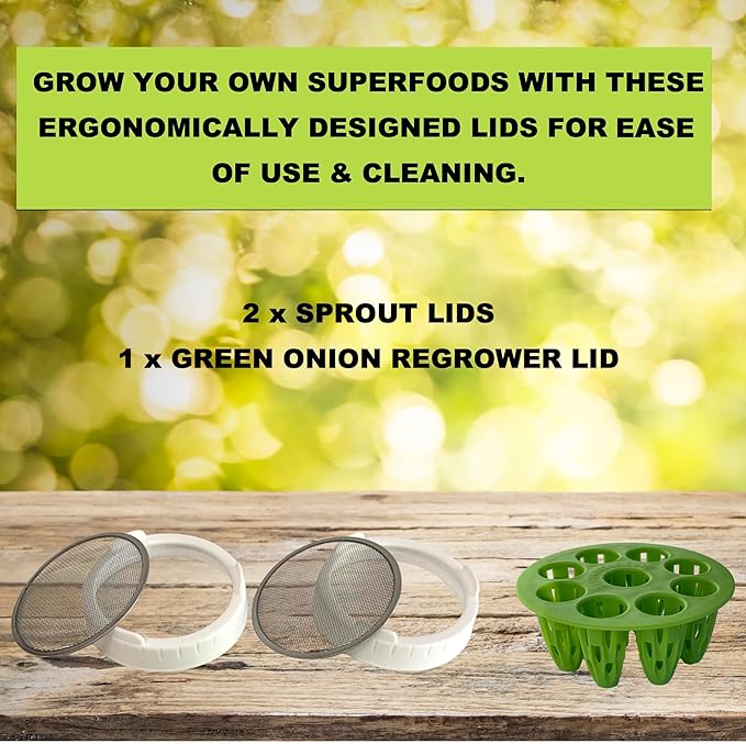 Sprouting Lids & Green Onion Regrower for Wide Mouth Mason Jars. Sprouts Growing Kit for Bean Sprouts, Broccoli Organic Sprouts