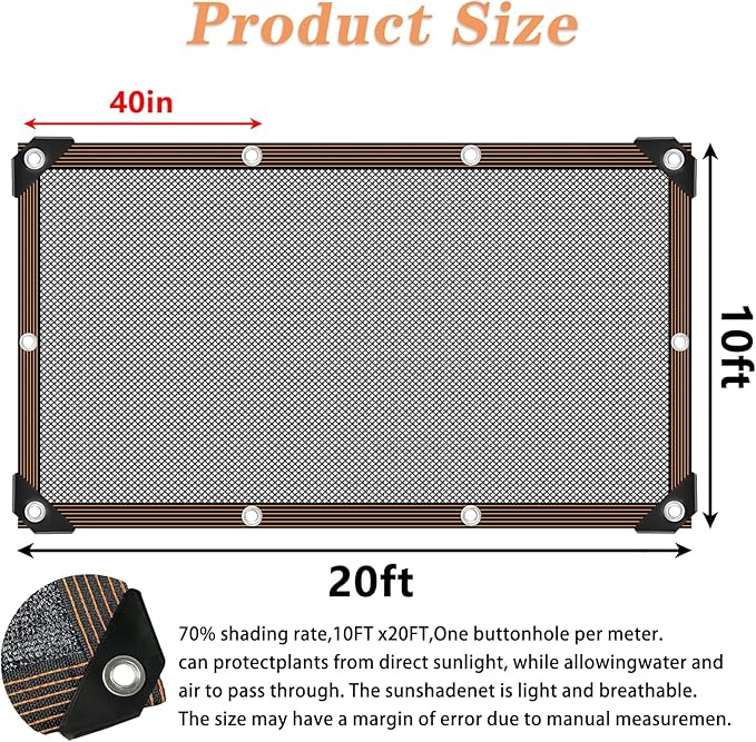 QLOFEI 10x20FT Shade Cloth - for Garden Plants Greenhouse,70% Sunblock Shade Neting -for Outdoor Garden Pergola Patio Lawn Kennel Chicken Coop Easier to Hang Plant