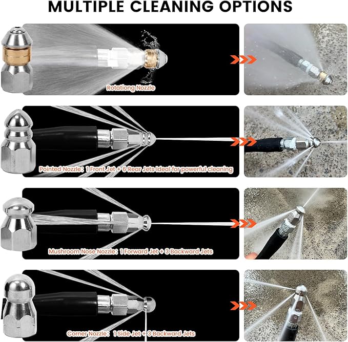 100FT Pressure Washer Sewer Jetter Kit, 5800 PSI Water Jet Drain Cleaner Hose with Corner Rotating Button Nose Nozzle, Sewer Jetting Nozzles Kit with Spanner Handle Strap