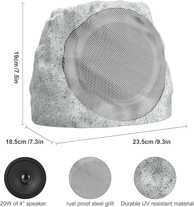 Outdoor Speakers Solar Powered & USB-C Charging Rock Speaker TWS Pairing Wireless Outdoor Speaker Bluetooth 5.4, LED Light Show, Waterproof, ideal for Backyard BBQ, Garden, Poolside (2-Pc,Grey)