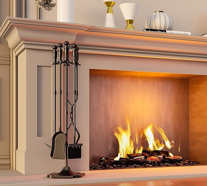 Fire Beauty Fireplace Tools, 5 Pieces Fireside Accessories Fire Kit Set,Woodstove Tools Holder Wrought Iron Handle Indoor Fireset Stand (32 Inches)