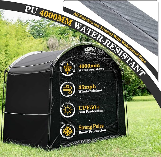 Happy Travel Bike Storage Shed Tent, Waterproof Portable Bicycle Cover with 30% More Top Storage Space for 2/3/4/5 Bikes,Clips Easy Setup Outdoor Sheds Shelter for Motorcycle, Garden Tools, Lawn Mower