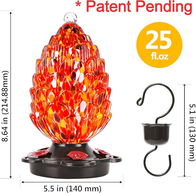 LUJII Pine Cone Shaped Hand Blown Glass Hummingbird Feeder for Outdoors Hanging, Rust Proof & Leak Proof, 25 fl.oz, Unique Gift for Bird Lover, Garden & Backyard Decor, Red