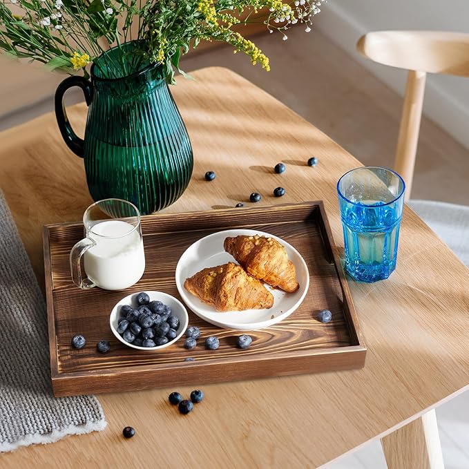 17 Inch Burnt Wood Serving Tray with Handles, Large Wooden Tray for Ottoman, Breakfast in Bed, Coffee Table, Dinner, Rectangular Tray for Living Room Bedroom Entryway and Kitchen