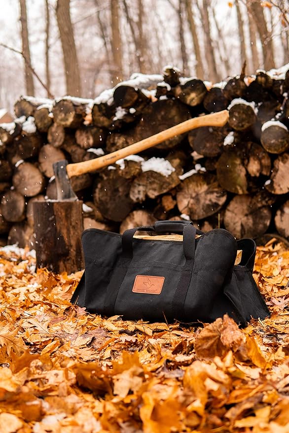 WHITEDUCK TUFF Large Firewood Carrier 21 Oz. Heavy Duty Waxed Canvas Fireplace Log Carrier Holders for Carrying Wood Indoors & Outdoor (Brown, Tote Shape (23"x10"x12"))