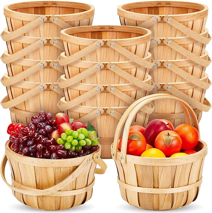 Marsui 16 Pcs Large Wooden Bushel Baskets 11 x 6.5'' Wicker Berry Apple Fruit Bushel Baskets with Handle for Autumn Harvest Garden Storage Farmers Personal or Commercial Use