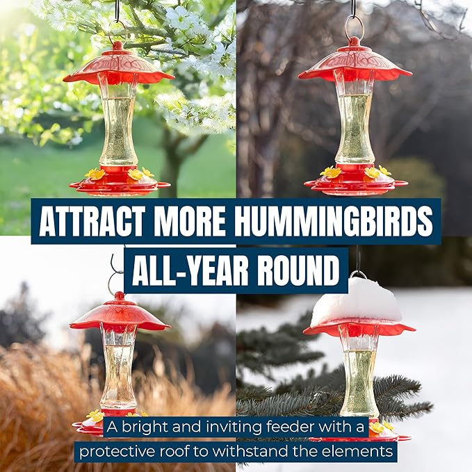 MEKKAPRO Hummingbird Feeders for Outdoors Glass - Red Hummingbird Feeders for Outdoors, Metal Ring, Bee-Proof Design, Easy Assembly, Red Hummingbird Feeder 10 oz