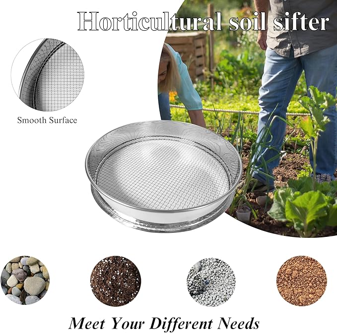 3PCS Soil Sifter Set with 0.04”,0.1”,0.2” Mesh, for Sifting Soil, Sand, Rock and Compost
