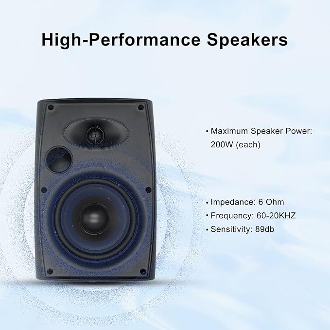 Herdio 6.5 Inch 800W Outdoor Bluetooth Speakers Wired Waterproof with Multifunctional Amplifier, Wall Mount Speaker for Patio Home Poolside Deck Backyard(2 Pairs,Black)