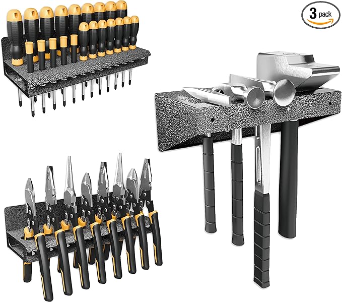 Screwdriver Holder, Pliers Holder, Hammer Rack, Set of 3 Tool Holder Organizer, for Workbench for Workshop, Shed, Garage, Home, Stores