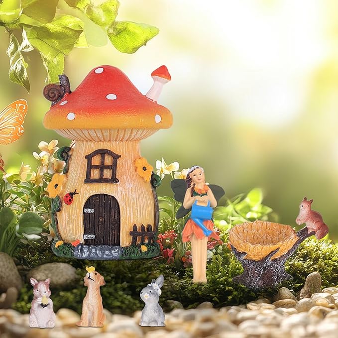 MEETYAMOR Miniature Fairy Garden Accessories, 6 PCS Mushroom House Kit with Mini Resin Animals, Whimsical Ornaments Outdoor Figurines Yard Art Garden Decor for Outside