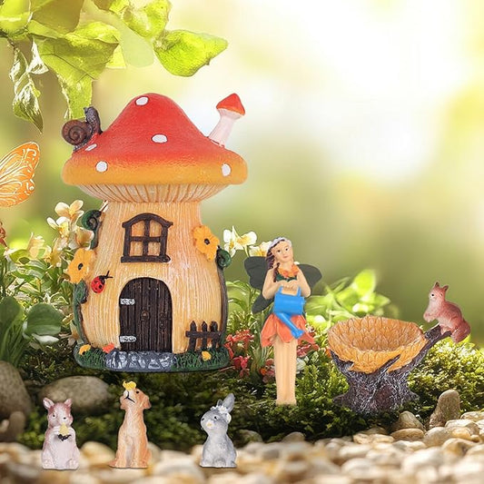 MEETYAMOR Miniature Fairy Garden Accessories, 6 PCS Mushroom House Kit with Mini Resin Animals, Whimsical Ornaments Outdoor Figurines Yard Art Garden Decor for Outside