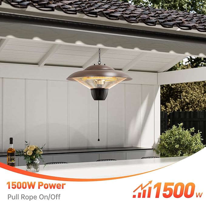 Patio Heater for Outdoor Use 1500W Electric Infrared Hanging Heater, Ceiling Mounted, Waterproof for Porch, Garage, Balcony, Overheat Protection Brown