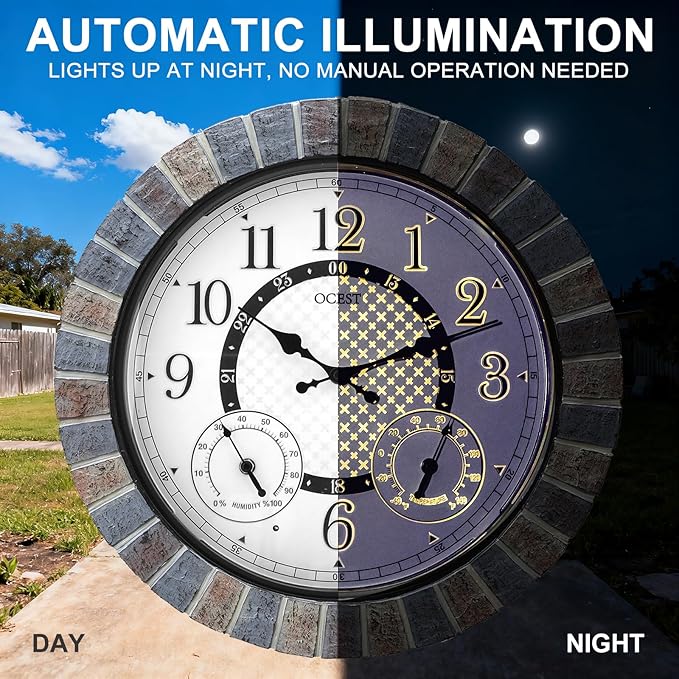 OCEST 18 Inch Large Outdoor Clock Waterproof Thermometer Hygrometer Combo Night Light Illuminated Wall Clocks Battery Operated Silent Non-Ticking Ideal Patio Clock for Garden Pool Porch Yard Garage
