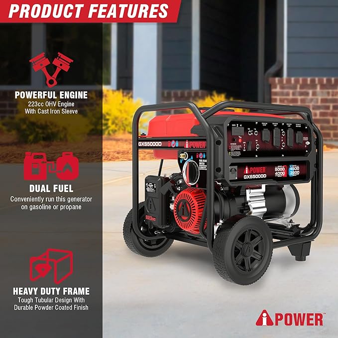 A-iPower 5000-Watt Portable Generator Gas & Propane, CO Sensor Shutdown, Heavy Duty Generators with 223cc OHV Engine For Jobsite, RV, Home Backup, Emergency (GXS5000D)