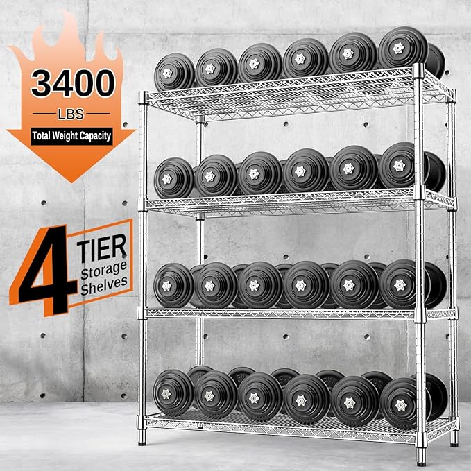 IZEUK 3400 LBS Garage Shelving Wide Storage Shelves 4 Tier Metal Shelves Heavy Duty Adjustable Utility Shelf Rack Chrome 17.7" D x 59.1" W x 70.4" H