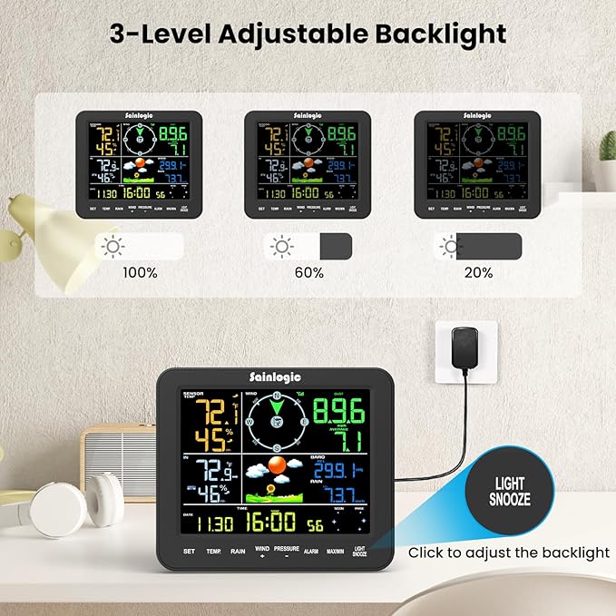 Sainlogic SA8 Home Weather Station with Rain Gauge and Wind Speed, Weather Stations Wireless Indoor Outdoor with Rain Gauge Outdoor, Forecast, Temperature, Humidity, Moon Phase, Alarm Clock(No WiFi)