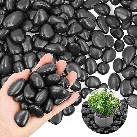 20Ib Black River Rock- Decorative Pebbles for Plants - River Rocks for Outdoor Landscaping- 0.3"-0.8" inch High Polished Stones for Aquarium, Terrarium,Vases, Home Decor