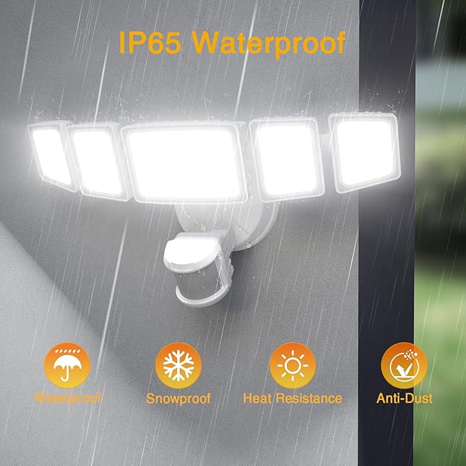 Onforu 5 Heads 65W Smart LED Security Lights Motion Sensor Outdoor, 340° Illumination WiFi Alexa Flood Light 5500LM APP Control, 2500K-6500K Exterior Motion Detector, IP65 Wall Light for Yard, White