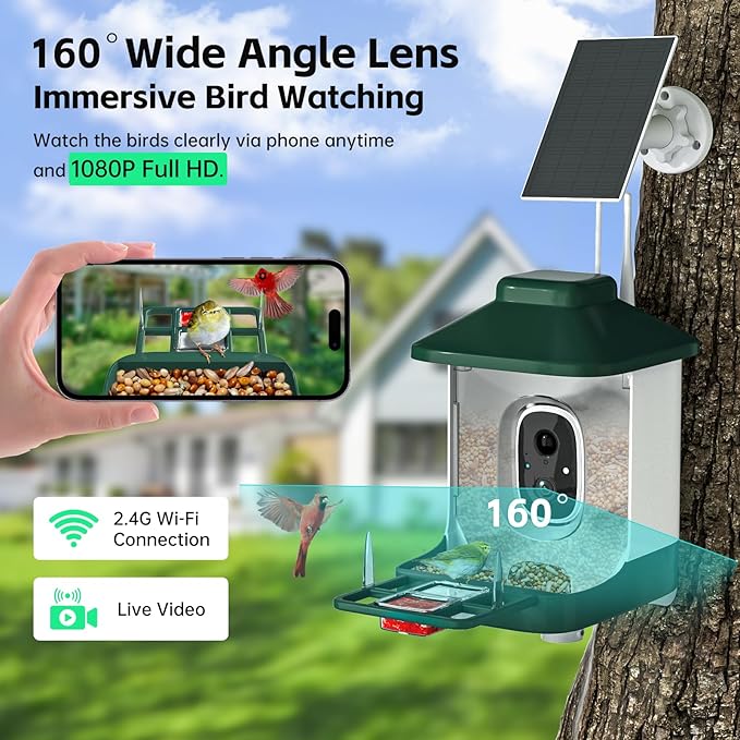 1 Year AI Smart Bird Feeder with Camera, AI Identify Bi rd Species Solar Powered,1080p Live Video Bird Feeder Camera, 2.4Ghz WiFi,Nstant Arrival Alerts - Best Gifts for Bi rd Lover