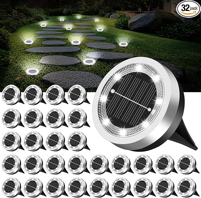 Mini Solar Ground Lights Outdoor 32 Pack Waterproof Upgraded Anti-Rust Solar Flat Garden Lights Stainless Steel Solor Powered Disc Landscape Light for Pathway Walkway Yard Lawn Patio-Cool White
