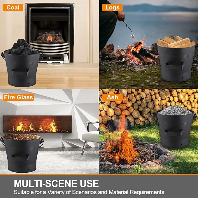 Ash Bucket with Lid, Shovel and Hand Broom, 2.6 Gallon Fireplace Metal Bucket Reinforced Base & Ash Can, Fire Pit,Wood Burning Stove for Fireplace, (Ash Bucket-2.6Gallon)