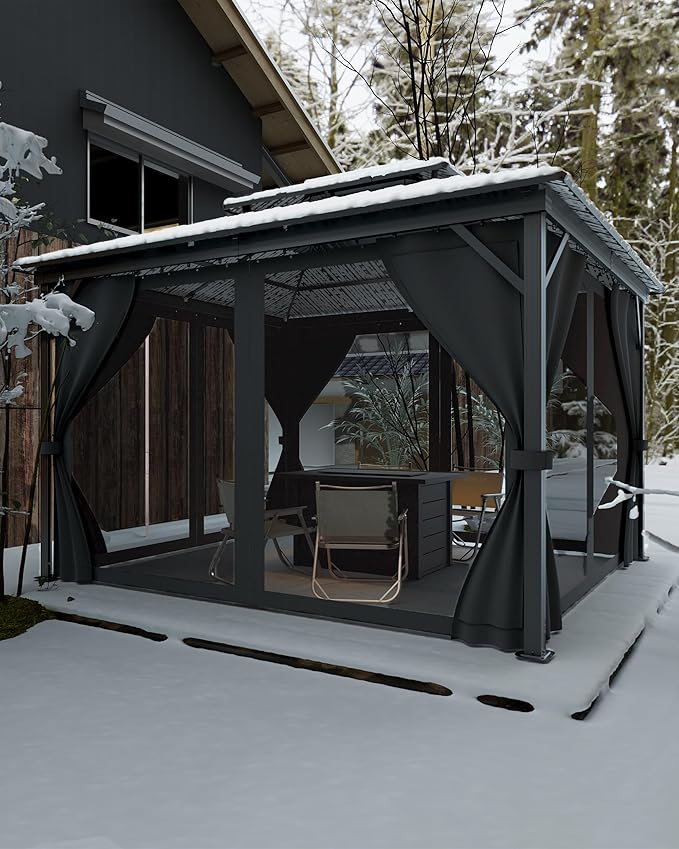 12x14 Ft Hardtop Gazebos with Heavy Duty Double Roof, Nettings and Curtains Galvanized Steel Outdoor Gazebos for Patio, Backyard, Deck, Lawn (Grey)