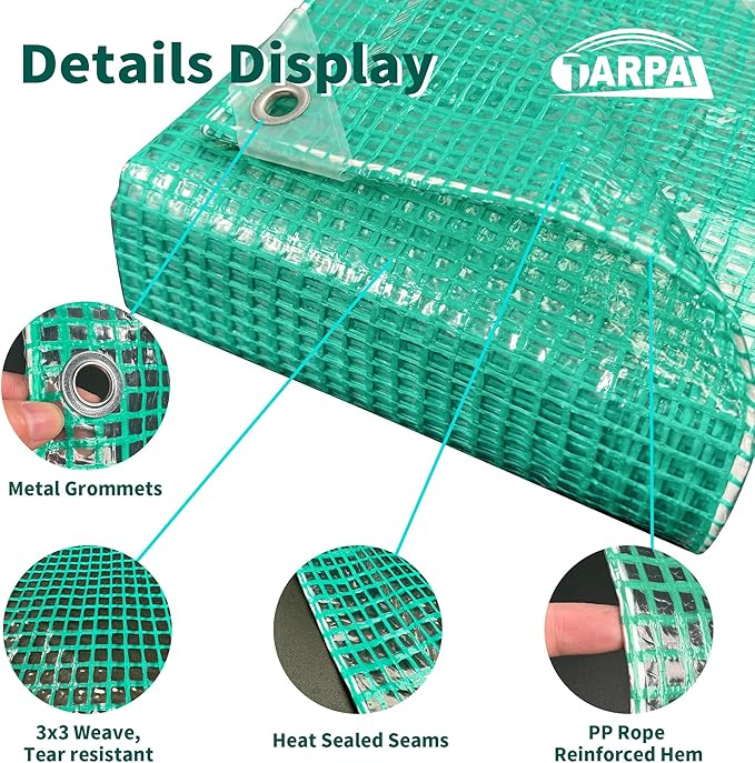 TARPAL 20'x20' Clear Green Tarp Heavy Duty Waterproof 12mil with Grommets or Zip Ties for Large Greenhouses for Outdoors Garden,Farm,Chicken Coops