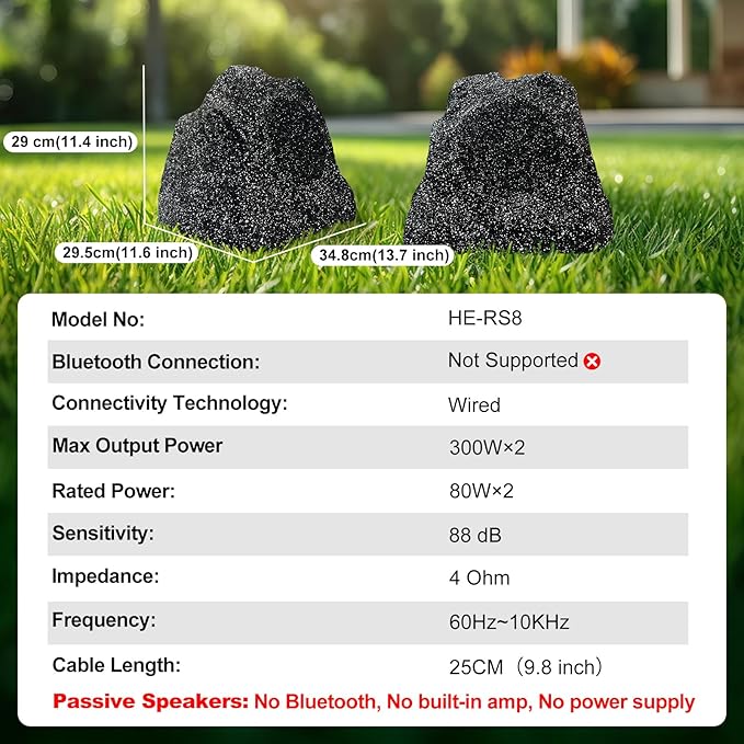 Herdio 8" Outdoor Rock Passive Speakers 600 Watt,IPX7 Waterproof,Hardwired, for Pool,Garden,Deck,Outdoor Activities (Black,Pair)