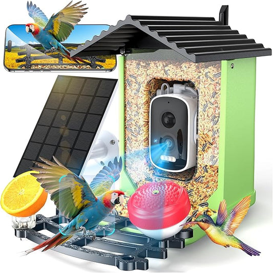 Bird Feeder with Camera, 2K HD AI Identify Smart Bird House Camera with Solar Powered, Live View, Instant Arrival Alerts, Auto Capture Video for Outside, Supports 2.4GHz Wi-Fi Only, Green