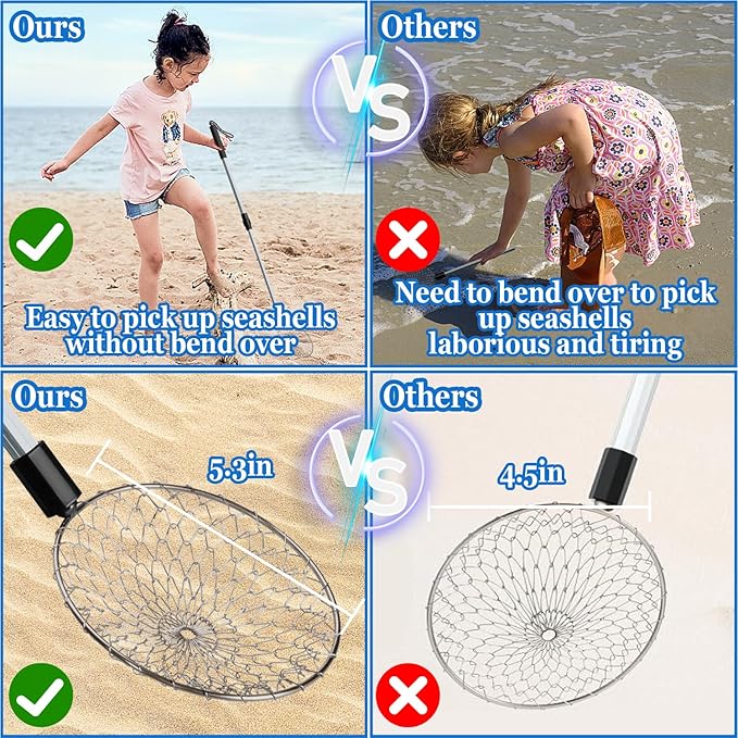 2 Pack 5.3 Inch Beach Sand Sifter- 22~35 Inch Adjustable Shark Tooth Sifter- Sand Scoop Shell Scooper for Beach- Beach Scoop Shovel and Sifter Tool for Picking Up Shells Beachcombing & Rock Hunting