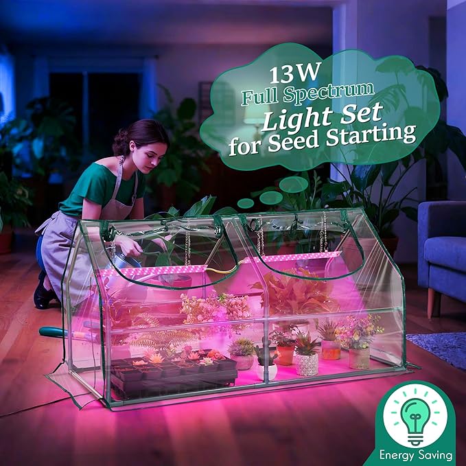 Meonum Indoor Greenhouse with Grow Light, 47.2 L x 23.6 L x 23.6 W Small to Medium Portable Greenhouse with 13W Dimmable Dual Plant Lamp, Timing Function and PVC Cover for Seed Starting