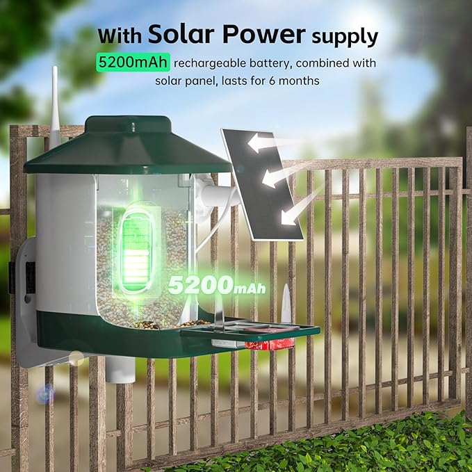 1 Year AI Smart Bird Feeder with Camera, AI Identify Bi rd Species Solar Powered,1080p Live Video Bird Feeder Camera, 2.4Ghz WiFi,Nstant Arrival Alerts - Best Gifts for Bi rd Lover