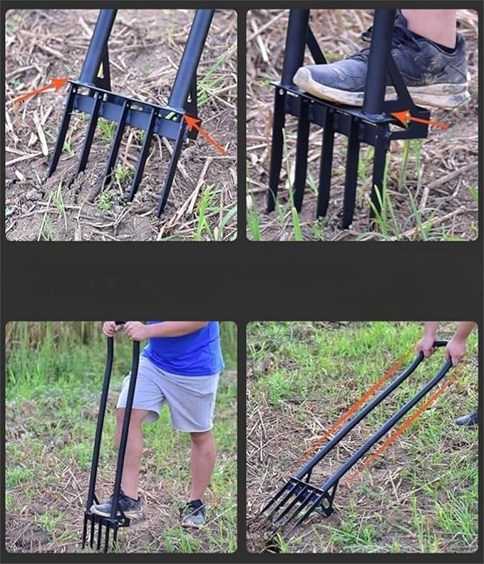 5 Tines Heavy Duty Pitch Fork for Gardening Spading Digging Fork Garden Forged Steel 46“ Long Handled Garden Tool Claw Weeder