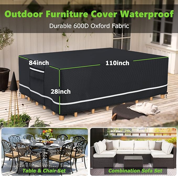 Patio Furniture Covers Waterproof, Heavy Duty 600D Outdoor Furniture Covers for Outside Sectional Sofa Set,Tear Resistance and Anti-UV,110"L x 84"W x 28"H, Black with White Border