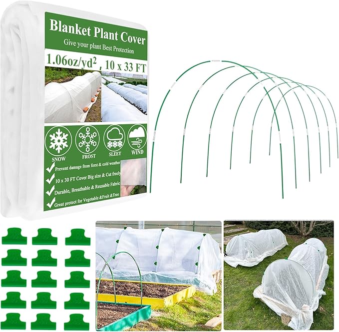 10x33FT Plant Covers Freeze Protection Kit, Garden Hoops Kit for Winter, Frost Cloths Plant Blanket Floating Row Cover for Winter Outdoor, Greenhouse Garden Hoop for Raised Bed Snow Protection