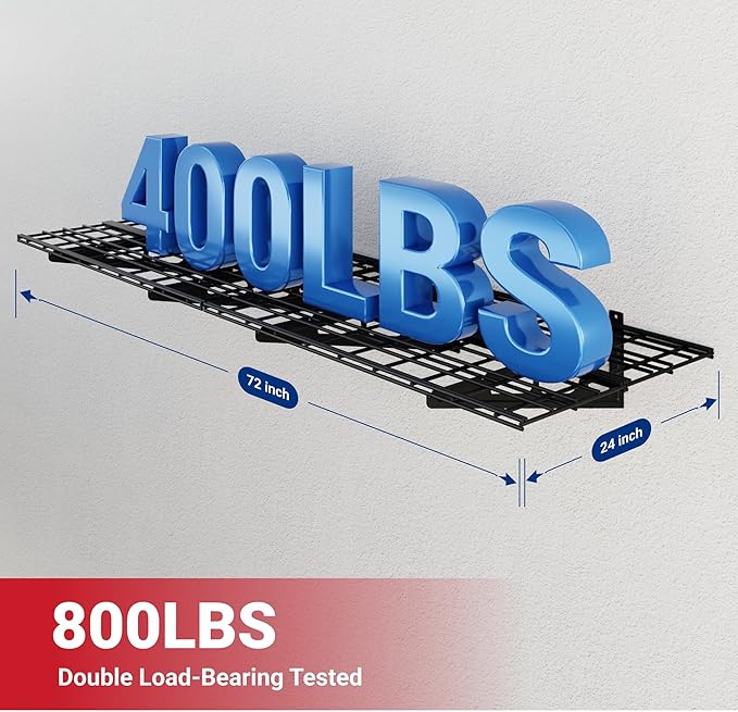 FLEXIMOUNTS 2x6ft Garage Shelving Wall-Mounted, 1-Pack Heavy-Duty Wall Shelving, Holds Up to 400 lbs, Garage Storage Rack for Organization & Storage Bins, Black