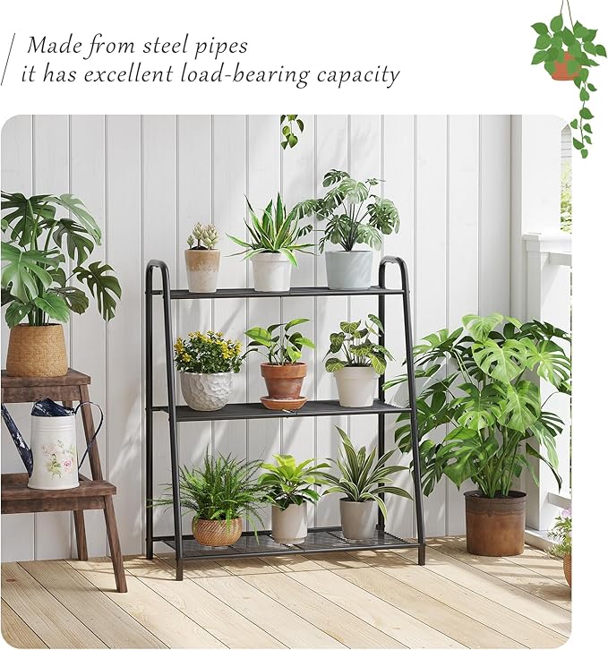 Metal Plant Stand Indoor Outdoor for Multiple Plants,3 Tier Plant Shelf,Large Heavy Duty Flower Holder Ladder Plant for Living Room, Patio, Balcony (Black)