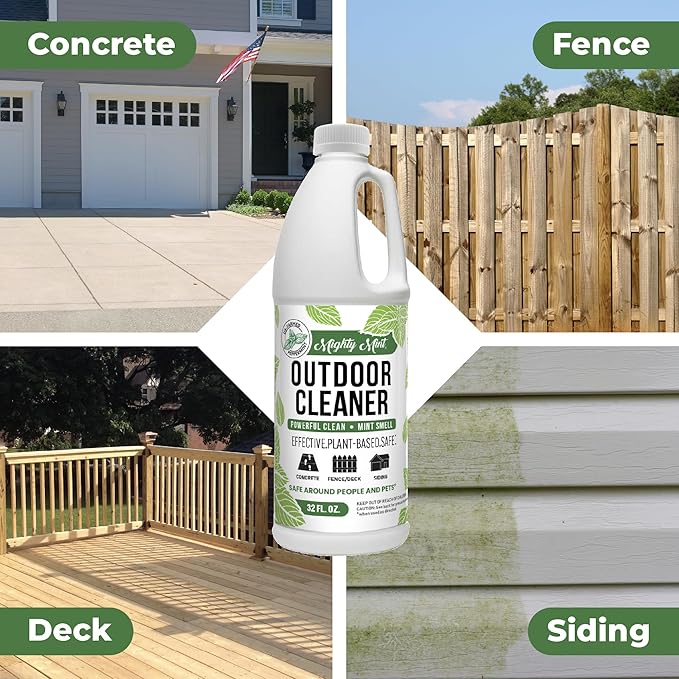 Mighty Mint Outdoor Cleaner, Powerful | Bleach-Free | Biodegradable, Cleans Stains on Wood, Decks, Concrete, Patios, and Vinyl Siding, Natural Mint Scent, 32oz