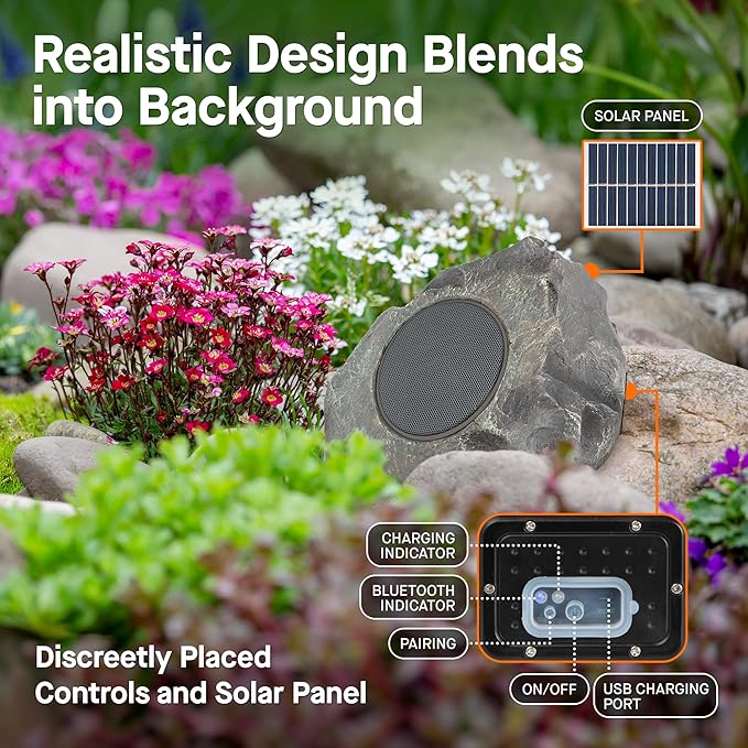 Homewell Outdoor Rock Speaker Solar-Powered Wireless Bluetooth 5.0 Portable Speaker Weatherproof for Patio, Pool, Deck, Yard, Garden and Home (Dark Grey, 2-Pack)