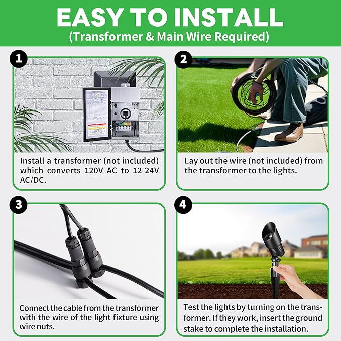 Outdoor Landscape Spotlights - 2700K/3000K/3500K/4000K/5000K Switchable White, LED Low Voltage Spot Lights Hard-Wired, IP65 Waterproof Uplighting, Black Aluminum for Backyard Fence 8 Pack