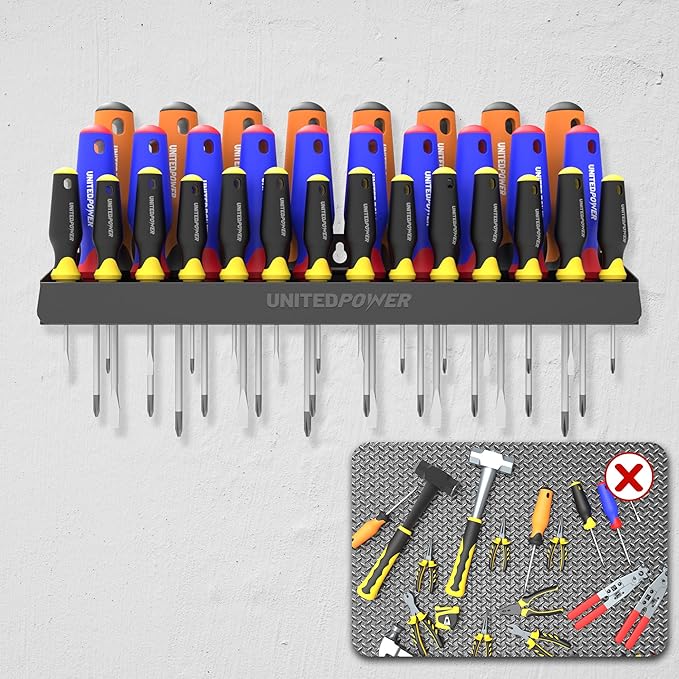 UNITEDPOWER Screwdriver Holder, Wall Mount Storage Rack Organizer for Workshop, Shed, Garage, Home, Stores up to 32 Screwdrivers or Small Tools
