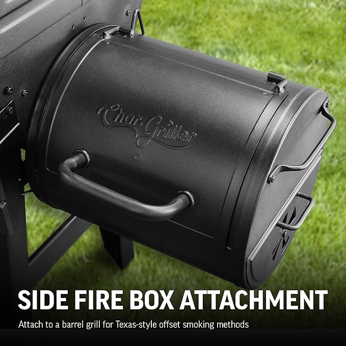 Char-Griller® Portable Charcoal Grill and Side Fire Box Attachment for Texas-Style Offset Smoking Methods with 250 Cooking Square Inches in Black, Model E82424