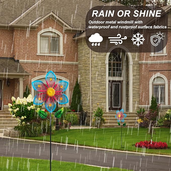 2 Pack Metal Wind Spinners for Garden Decor - Outdoor Windmill Sculptures, Durable Yard Art Wind Spinners Metal Wind Spinner for Patio Lawn Ornament, Vibrant Red & Blue Garden Spinners