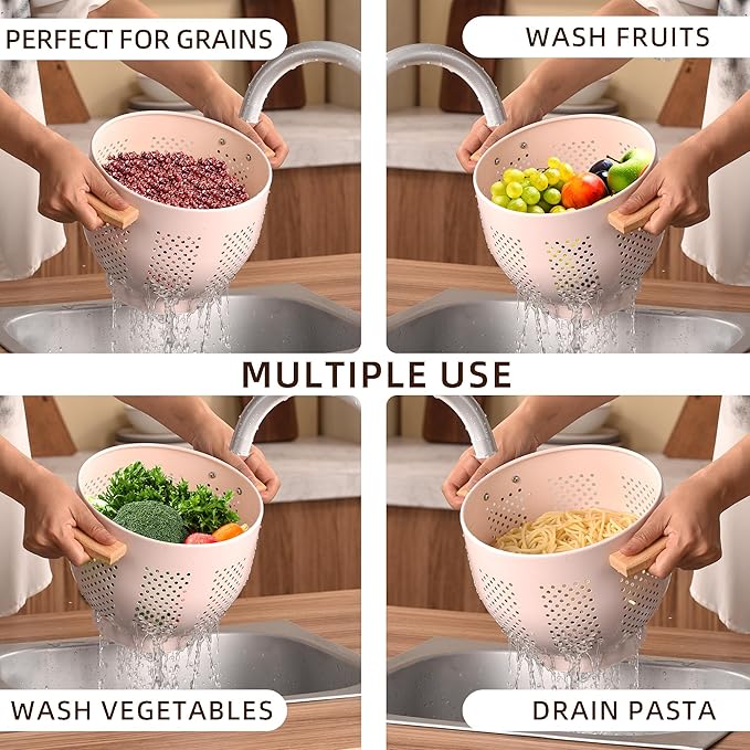 Metal Colander with Wood Handle and Stable Base, Powder Coated Steel Kitchen Strainer Basket for Draining Pasta, Vegetable and fruit(5.5quart,Pink)