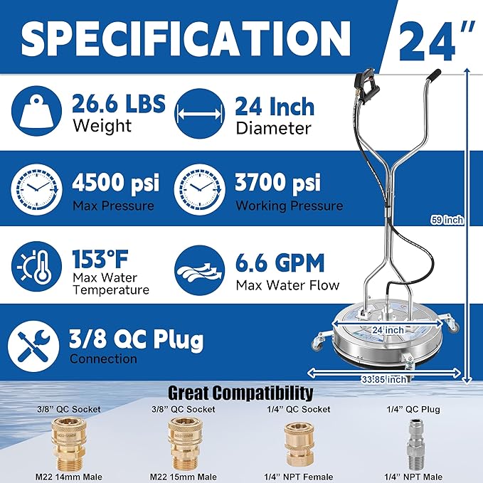 24" Pressure Washer Surface Cleaner with Dual Handle, 4 Wheels, Stainless Steel Power Wash Surface Cleaner Attachment, 4500 PSI Pressure Washer Accessory for Driveway Sidewalk Patio Cleaning