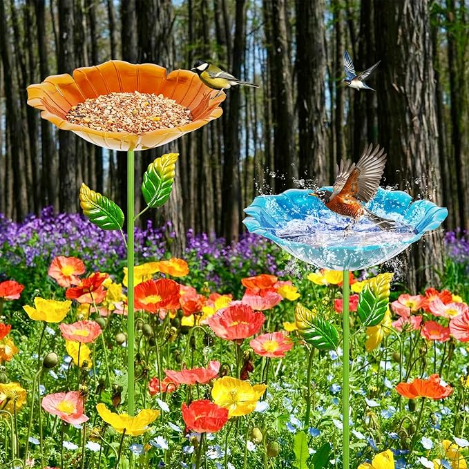 2 Pack Bird Bath for Outside, 31.3" H Metal Birdbaths, 10.63" Dia Garden Flower Bird Water Bowl, Freestanding Hummingbird Bath for Outdoors Garden Patio Yard Decor (Blue,Yellow)